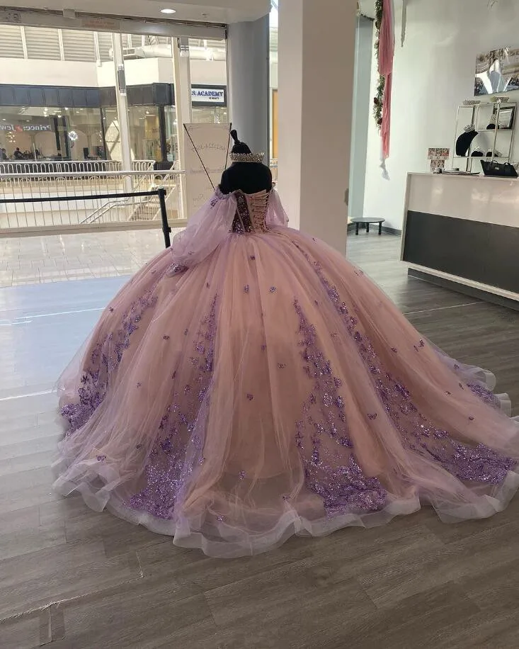 Vestido Princesa Quinceanera com manga comprida, rosa lilás, apliques brilhantes, espartilho, doce de agitação, 16, 15