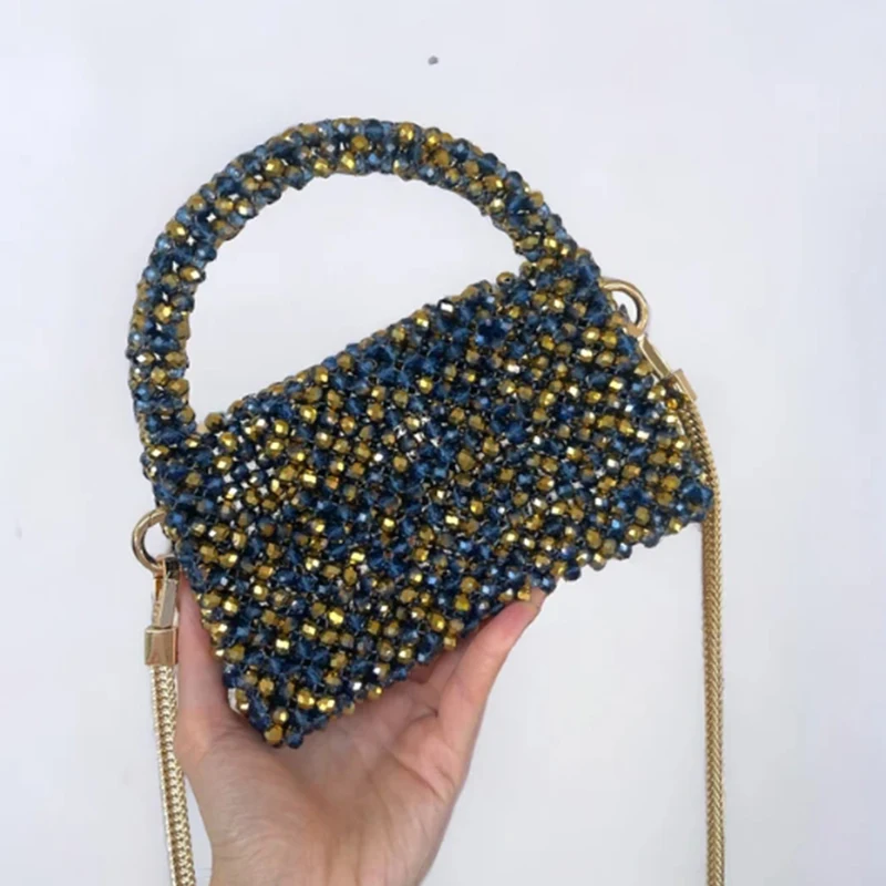 Crystal Mixed Color Metal Chain Crossbody Women's Bags Luxury High-end Party Banquet Handbag Customized Bead Small Square Bag