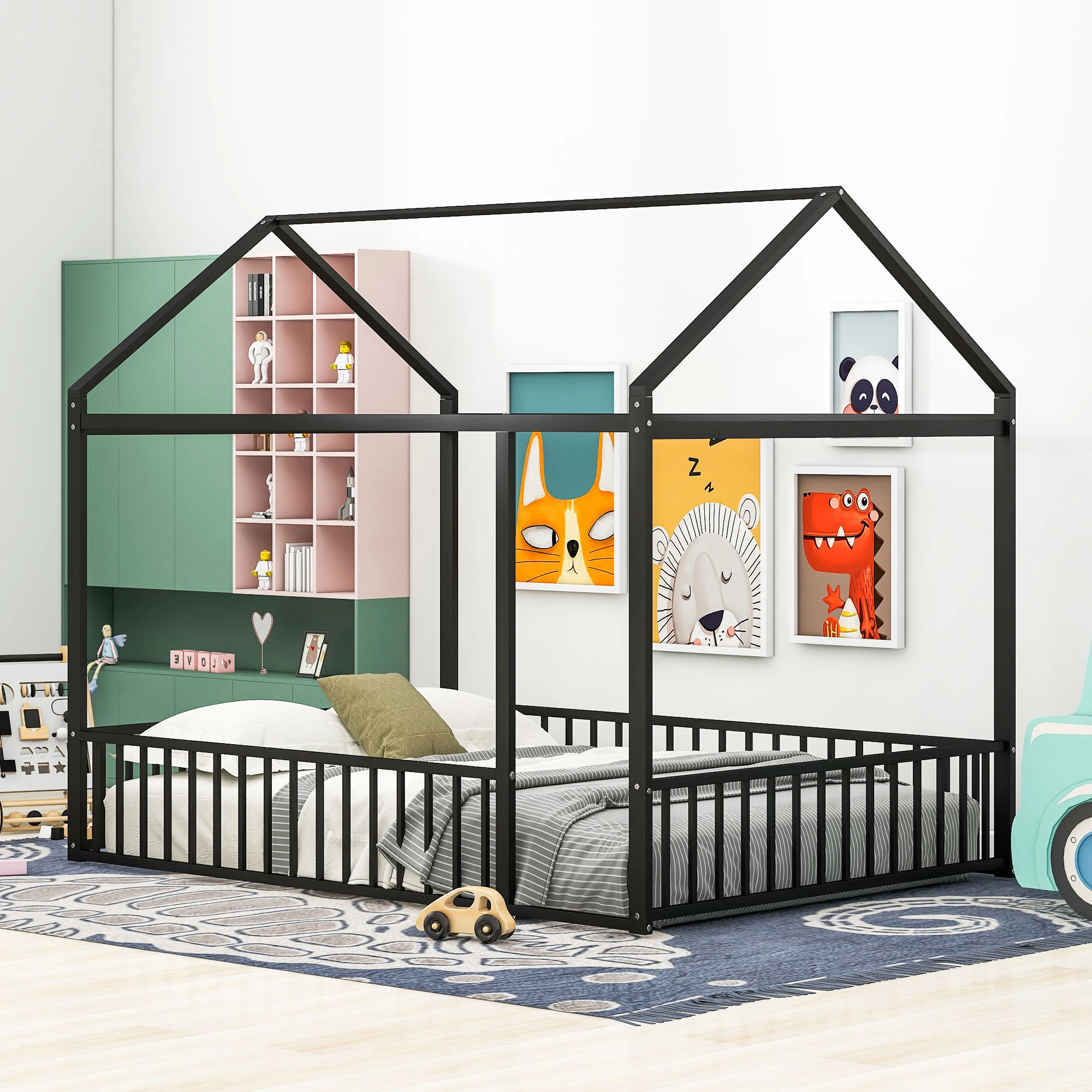 Children bed 140X200 Metal bed House Bed frame with fence for Kids Teenager Black