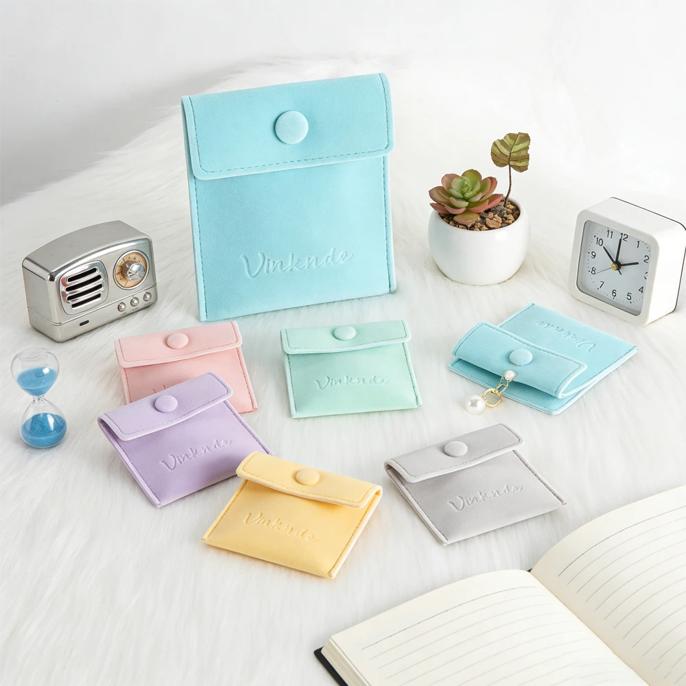 

Custom Logo Jewelry Snap Bag 7x7cm Black Velvet Bags Small Earring Necklace Bracelet Ring Envelope Flap Packaging Button Pouches