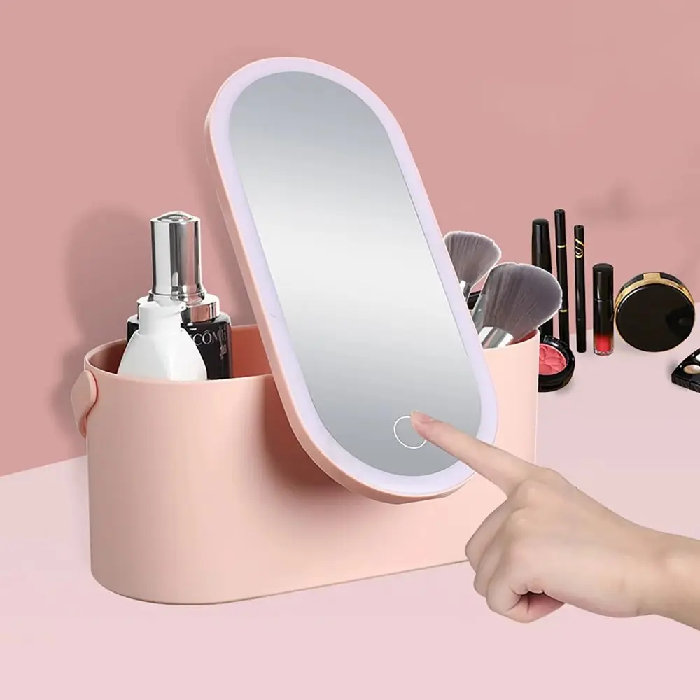 Scatola portaoggetti per trucco creativo Touch Screen Specchio per trucco illuminato 3in1 girevole con manico Custodia per cosmetici da viaggio