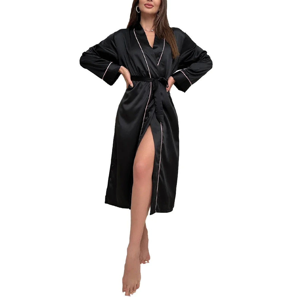 

Women Ice Silk Robe Satin Bathrobe Kimono Smooth Ultra Thin Lingerie Solid Bride Dressing Gown Loose Breath Sleepwear New