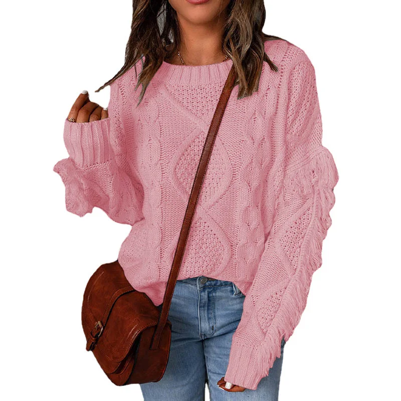 

Autumn Loose Tassel Sweater 2025 Fashionable Solid Color Pullover Knitted Sweater for Women
