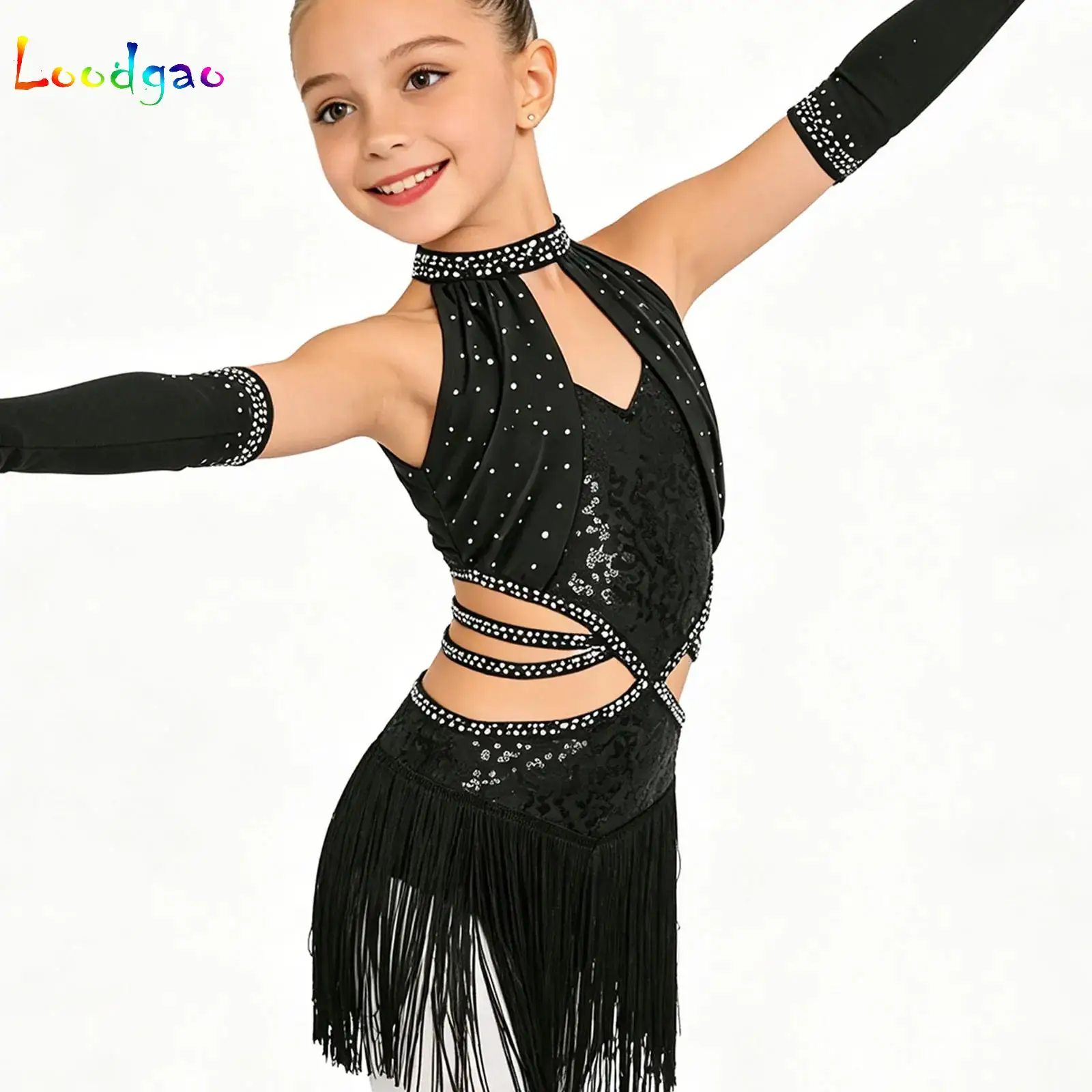 

Детское блестящее платье для латиноамериканских танцев с пайетками для девочек, без рукавов, с драпировкой, сетчатым верхом и бахромой, комплект с перчатками