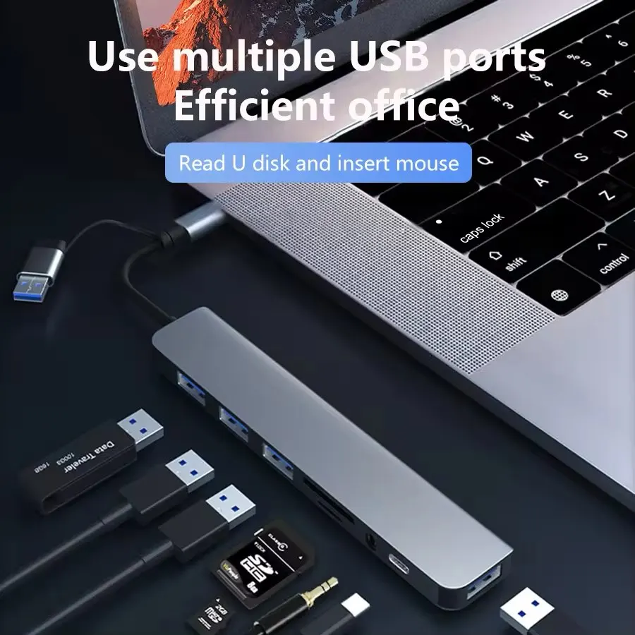 

8 in 1 Type C +USB HUB Docking Station with Splitter Card Reader USB 3.0 USB 2.0 Reader Laptop Tablet Phone Disk Converter