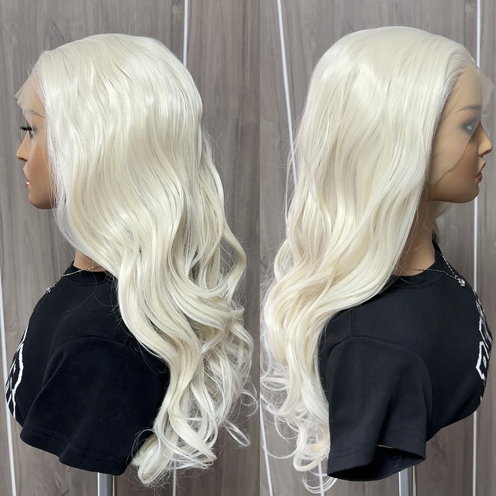 Platinum Blonde Wave Wig Synthetic Lace Front Wigs For Women White Blonde Natural Wave Lace Hair Long Wave Wig Cosplay Wig Party