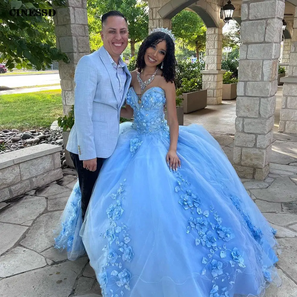 

Light Blue Modest Quinceanera Dresses Ball Gown Sweetheart Off The Shoulder Lace Appliqued 3D Flowers Sweet 16 Dresses Prom Gown