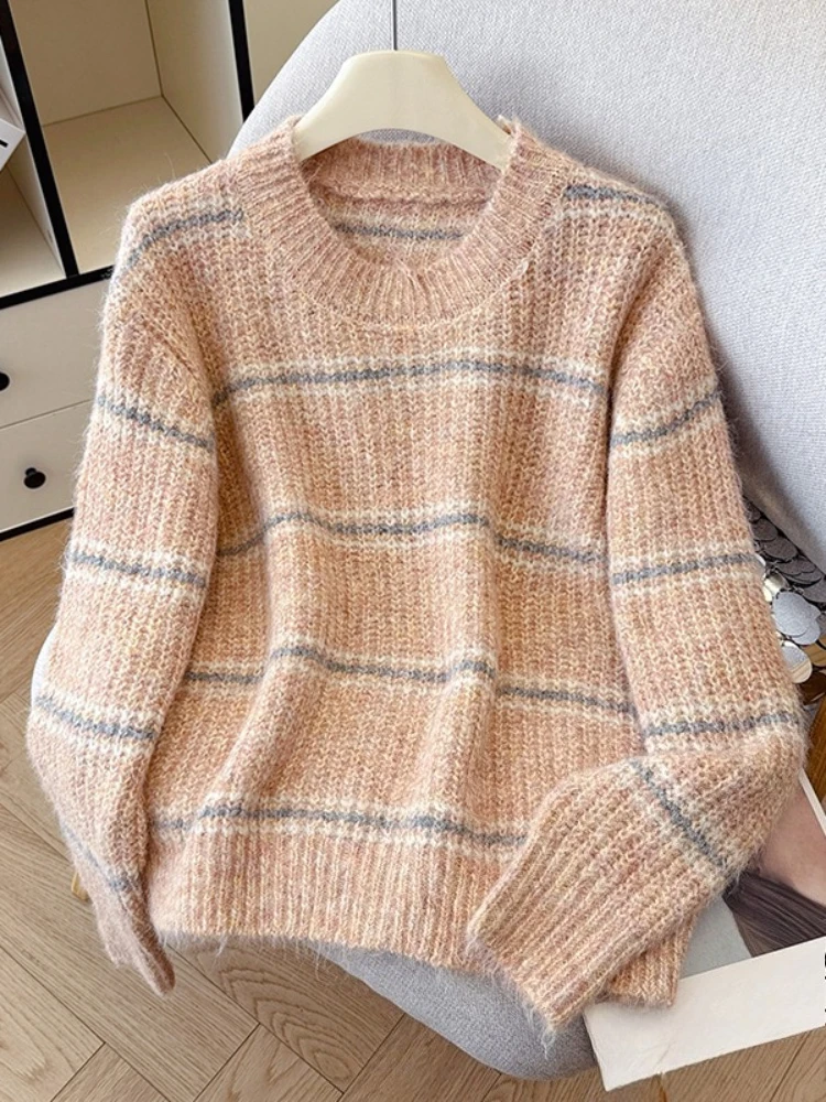 

REALEFT Autumn Winter Vintage Striped Women's Pullovers Sweaters Long Sleeve Casual Loose O-neck Knitted Korean Sweater Tops