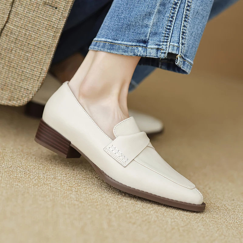 Ladies Shoes Low Heel Women Pumps  Pointed Toe Real Leather Slip-On Lady Vingtage PumpsSpring Autumn Sheepskin Loafers