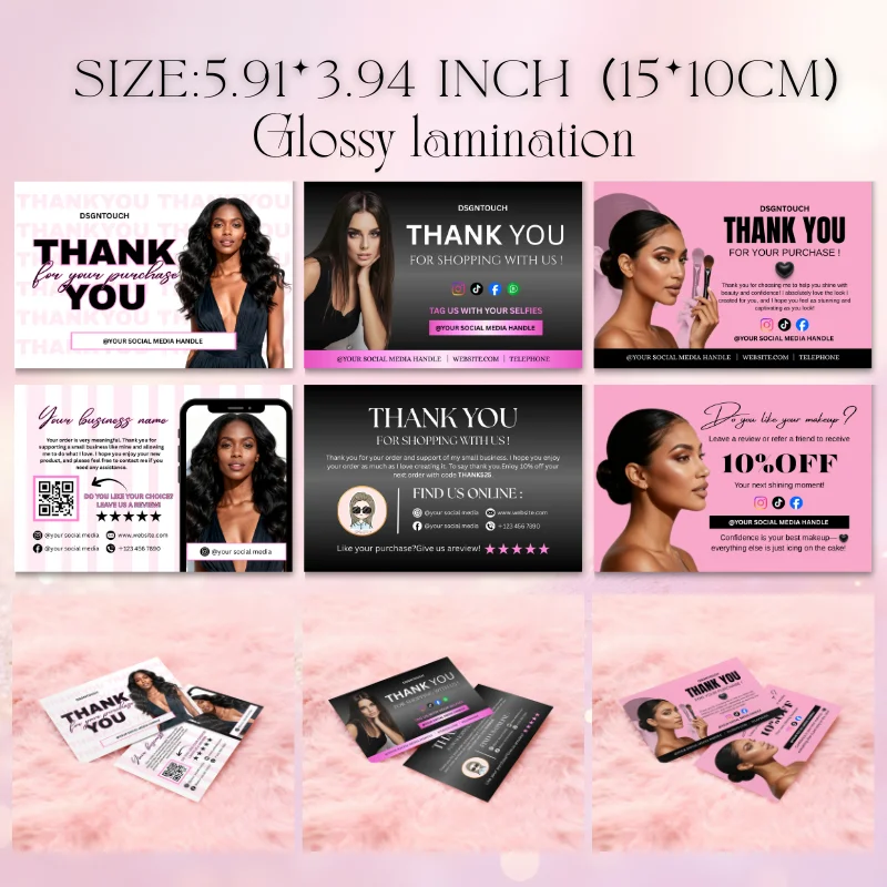 

Thank You Business Cards 10x15cm Glossy Black Pink Design Premium Quality Small Business Thank You Cards for Professionals