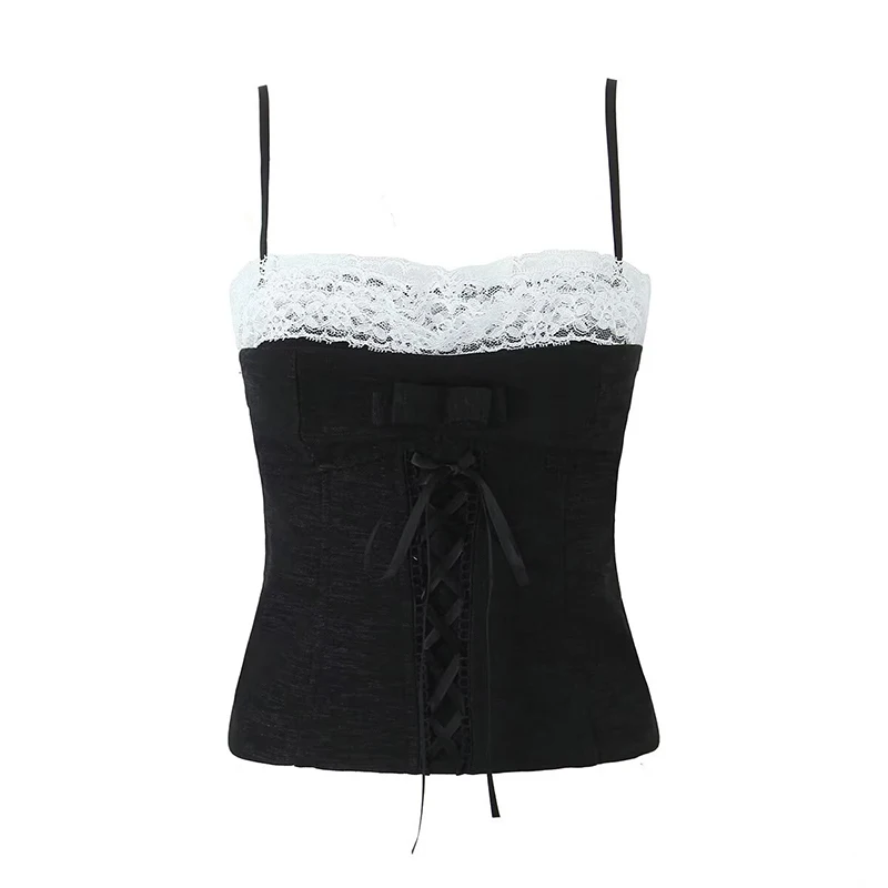 YENKYE Sweet Sexy Women Lace Trim Bow Bandage Slim Camis Summer Ladies Party Chic  Crop Top