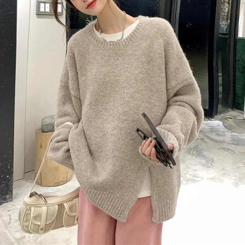 Casual Solid Color Knitted Jumpers Women's Clothing O-Neck Autumn Winter Long Sleeve Commute Korean Loose Stylish Split Sweaters