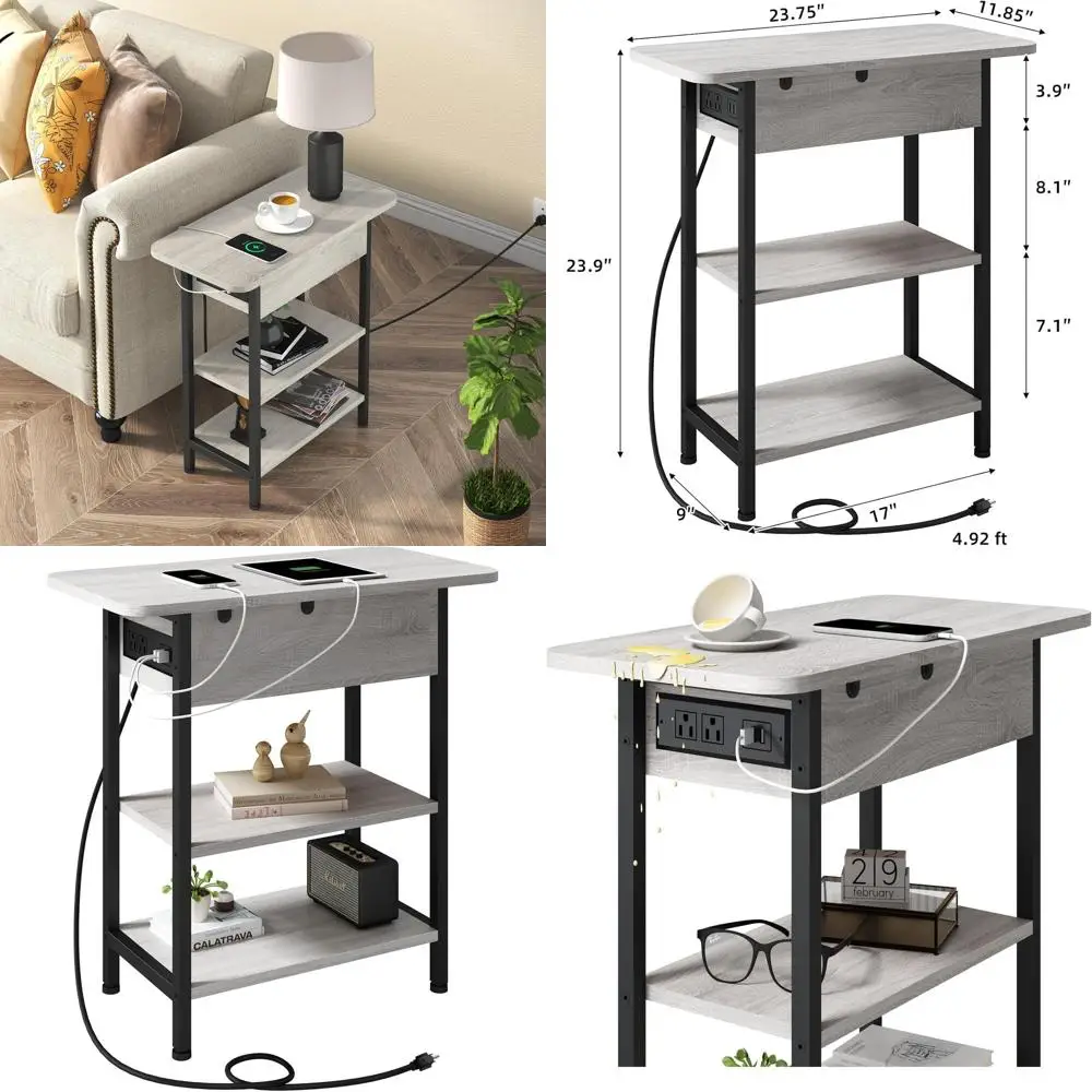 

Торцевой столик с зарядной станцией, приставной столик с откидной крышкой и USB-портами и розетками, тумбочка для небольших помещений, прикроватные тумбочки