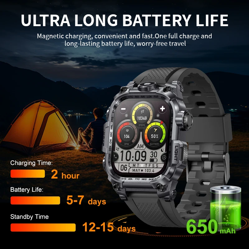 LIGE-reloj inteligente para hombre, pulsera con linterna LED, batería de 650mAh, Monitor de salud, pantalla de 2,01 pulgadas, Bluetooth, llamadas, resistente al agua, nuevo