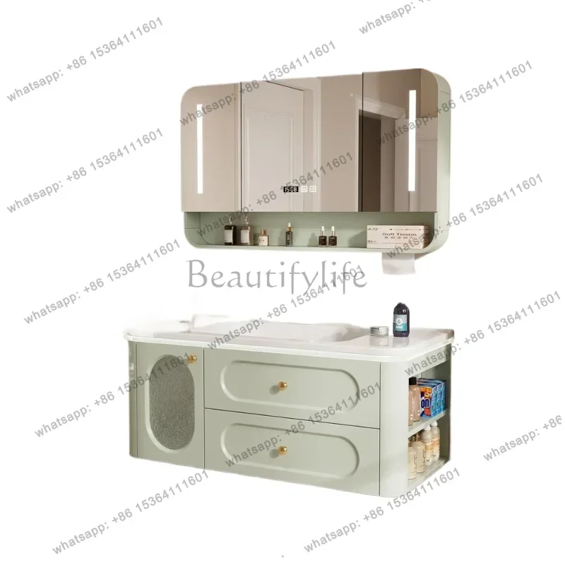 Light French Oak Paint Smart Bathroom Cabinet Combination Ceramic Integrated Basin Toilet Basin Cabinet
