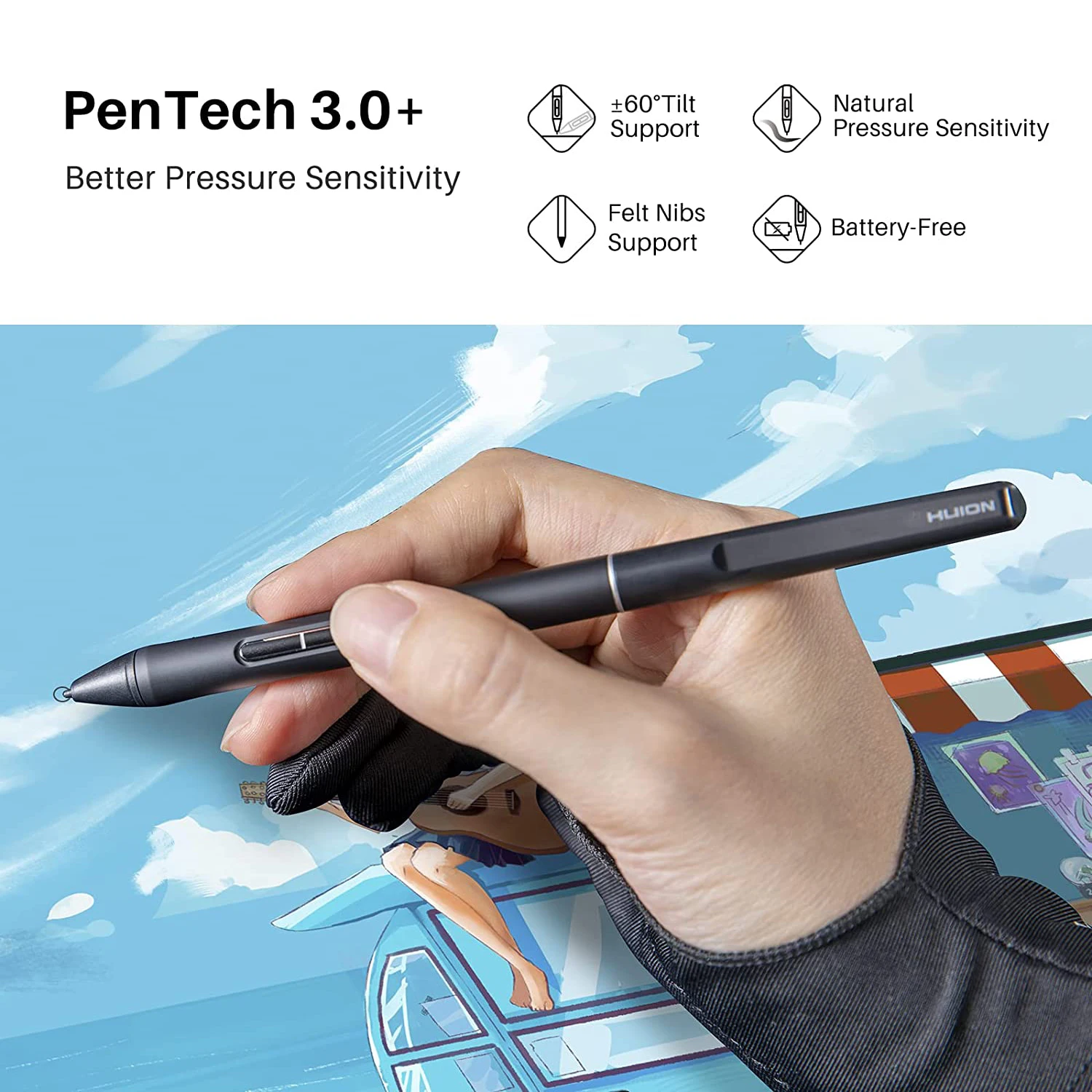 HUION PW550S Battery-free Pen PenTech 3.0 Slim Stylus 9.5mm Diameter for Graphics Tablet Inspiroy 2 G930L Q630M Kamvas 22 Series