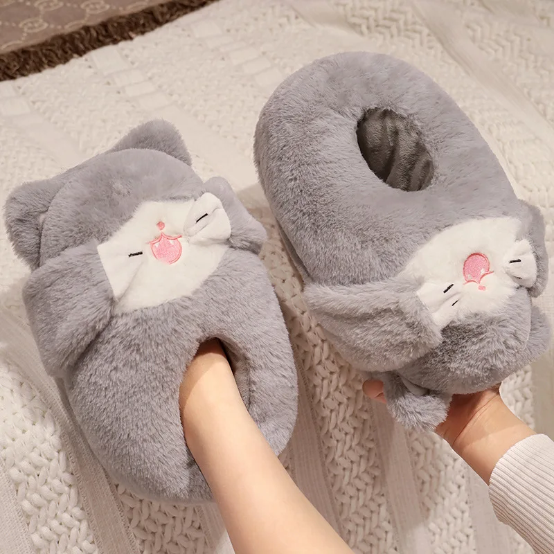 Women Home Floor Fluffy Slippers Winter Warm Shoes Cute Cartoon Animals Soft Faux Fur Couples Indoor House Bedroom Cotton Shoes