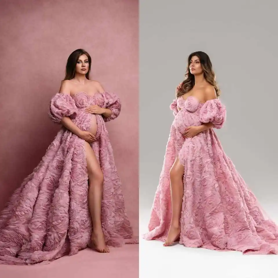 

Exquisite Women Pregnant Robe Photoshoot Long Sleeve Flower Lace Nightgown Sleepwear Nightwear For Bridal Dress Customized