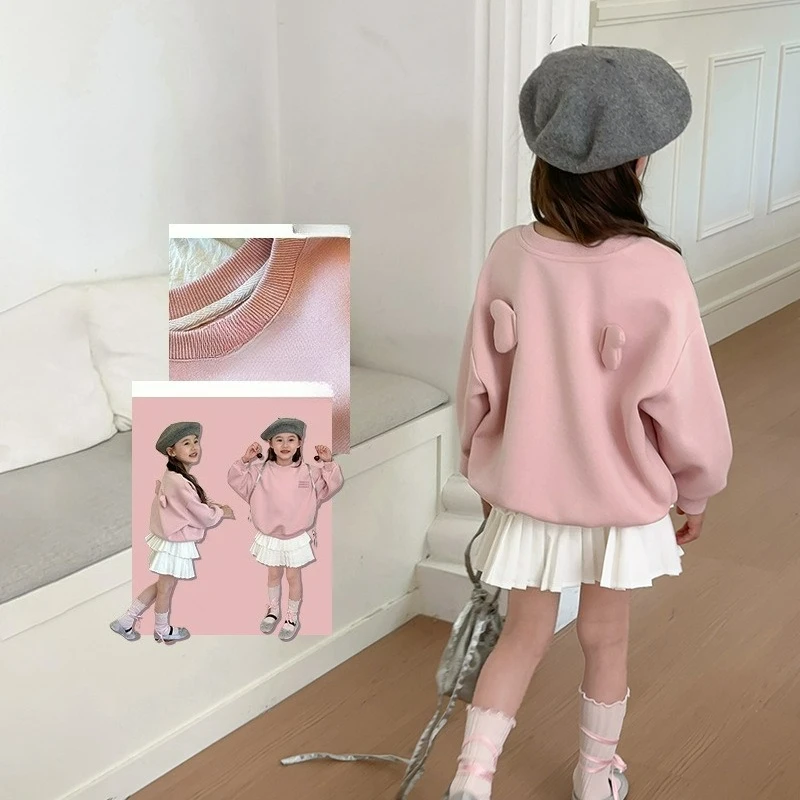 Spring‑Autumn Girls Dusty Pink Sweatshirt Stylish 3D Angel Wing Decor Pullover Top Casual Long‑Sleeve Sweatshirt for Little Kids