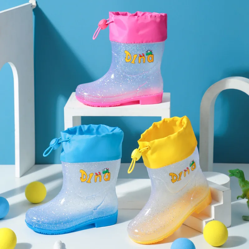 Children New Transparent Rain Shoes Kids Fashion Non-slip Waterproof Boots High Top Slip on Toddler Lightweight Glitter Boots