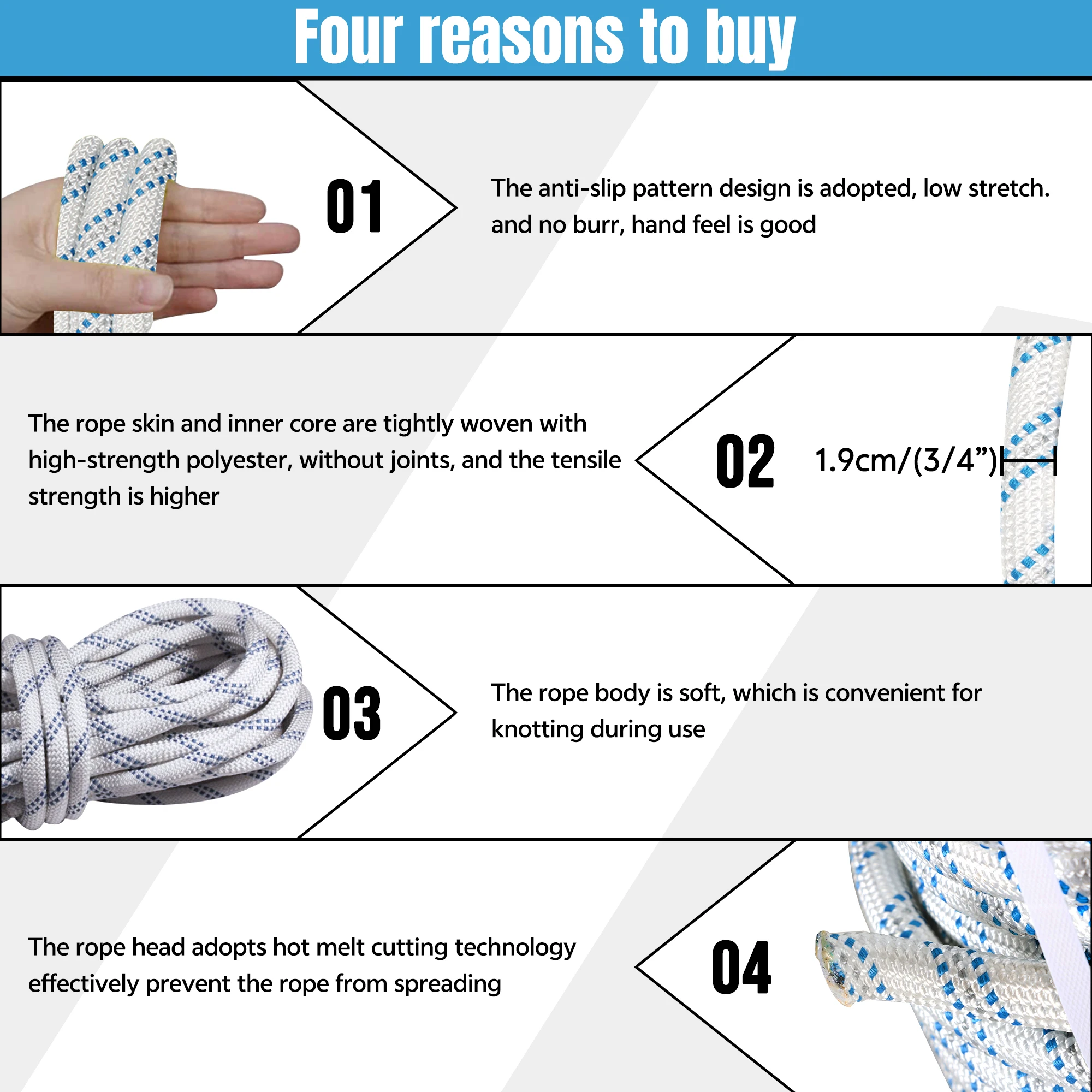 3/4 Inch 150 Feet Double Strand Polyester Braided Tow Rope with High Tensile Strength and Durability for Tree Planting Camping Swing Car Tow Rope
