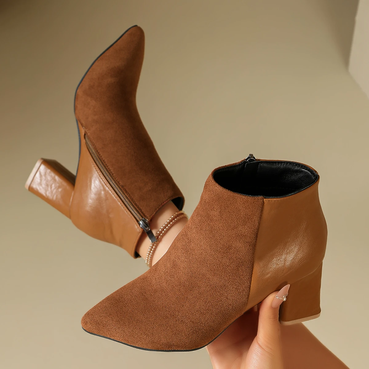 Retro Winter Pointed Toe Suede Side Zipper Sexy Square Heel Work Boots Fashionable Elegant Non-slip Casual Knight Boots Women