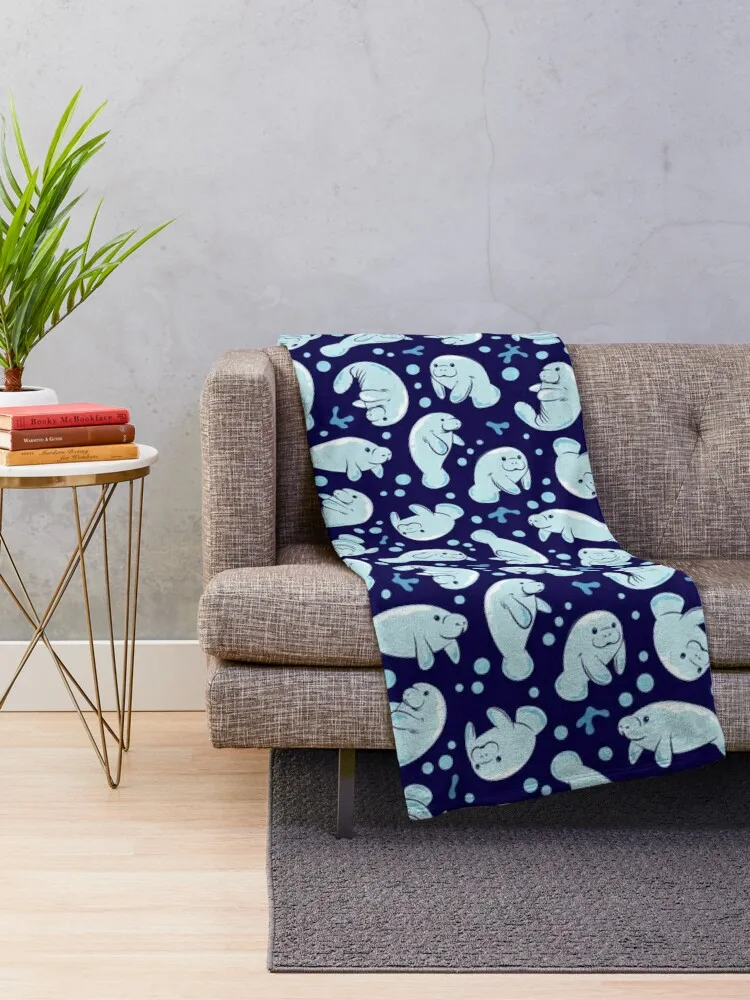 Cute Manatee Pattern - Blue Underwater Pattern Throw Blanket Luxury Blanket Camping Blanket