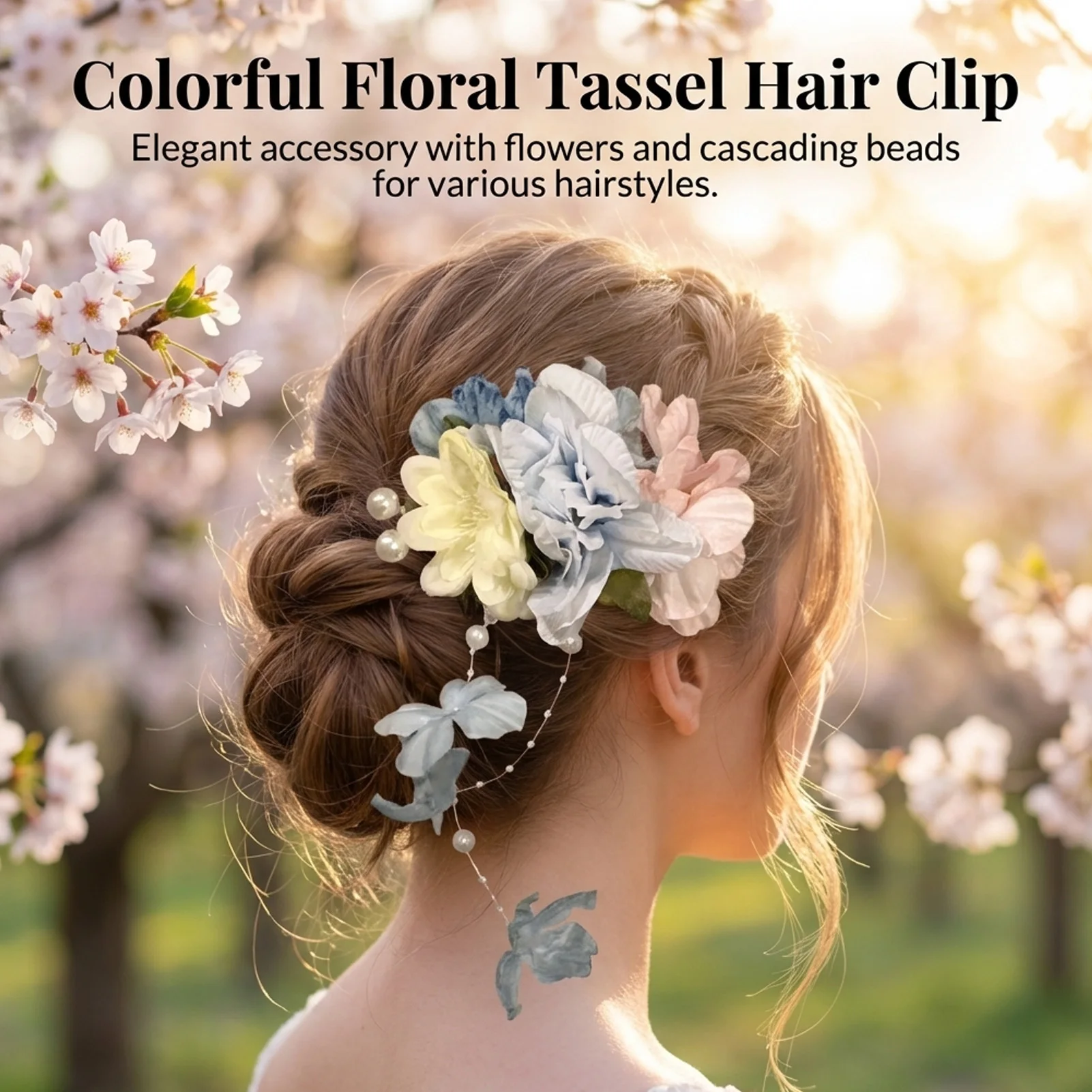 Künstliche Blumen-Haarspange mit bunten Quasten und Perlen – Frühlings-Foto-Requisite für Damen und Mädchen im Alltagsstil – Detail 8