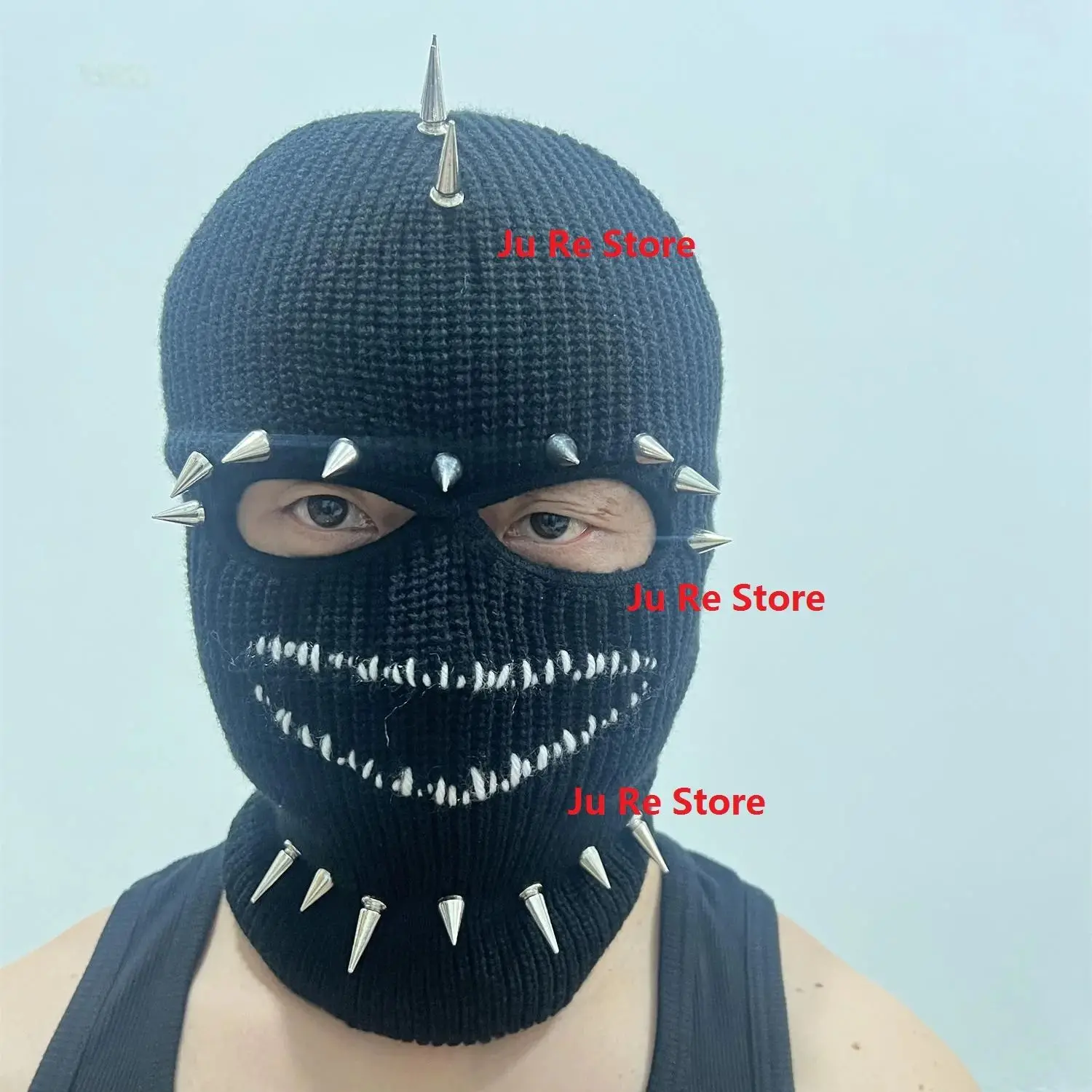 Men's Knitted Masked Hooded Hat, Splicing, Rivet Color Contrast, Handmade,, Rock Performance, 2-Hole, Heavy Industry Dressing