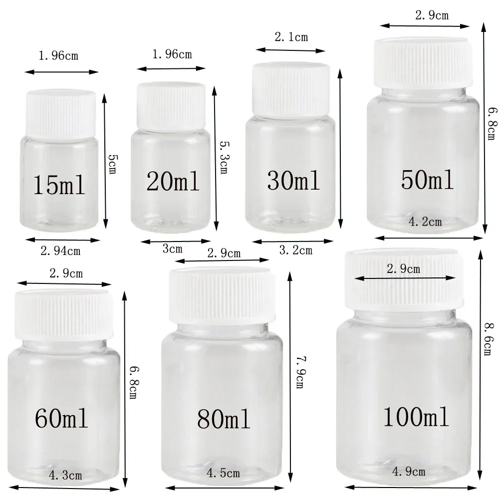 50 sztuk 15-100ml plastikowe puste laboratoryjne cylindryczne butelki na odczynnik chemiczny szerokie usta płynny/solidny pojemnik do przechowywania próbek fiolka na pigułki