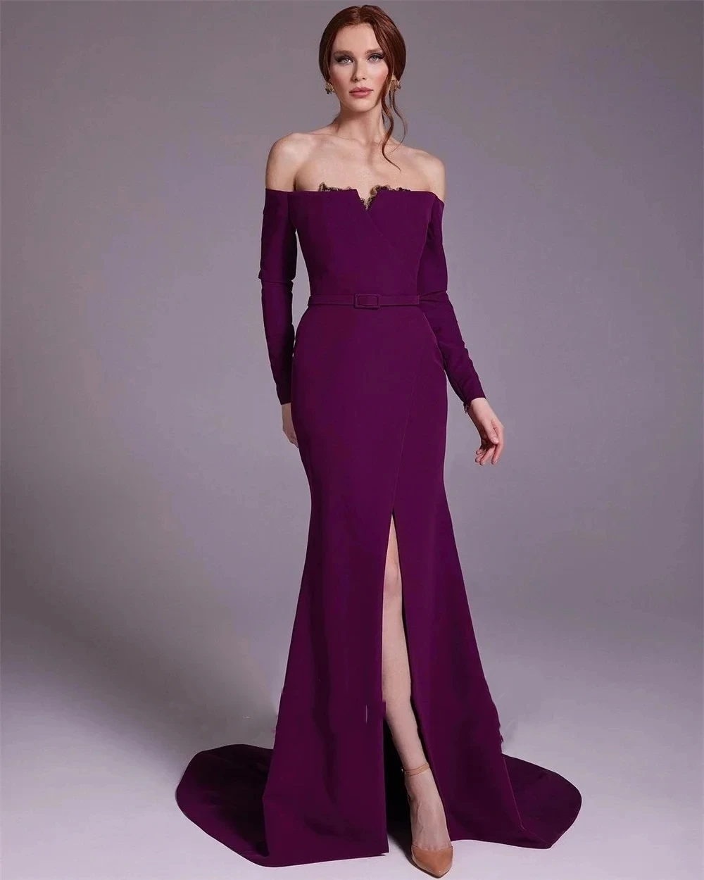 Romantic Elegant Purple Satin Off-the-shoulder Sheath Cocktail Boat Neck Side Split Occasion Evening Gown Arabic Evening Dress