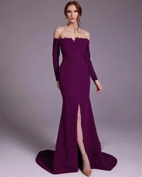 Romantic Elegant Purple Satin Off-the-shoulder Sheath Cocktail Boat Neck Side Split Occasion Evening Gown Arabic Evening Dress