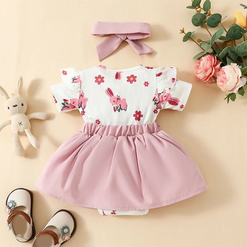 

Toddler Girls Spring Floral Print Ruffle Sleeve Romper Dress with Matching Headband - Easter Bunny Theme Outfit for Baby Girls