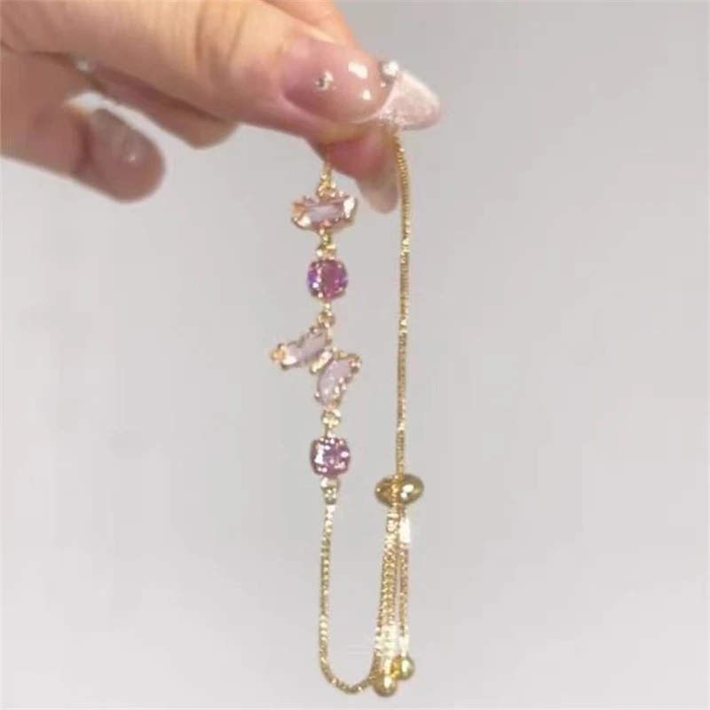 Cute Colored Crystal Butterfly Bracelets for Women 2024 Summer New Style Adjustable Copper Gold-plated Bracelet Party Jewelry
