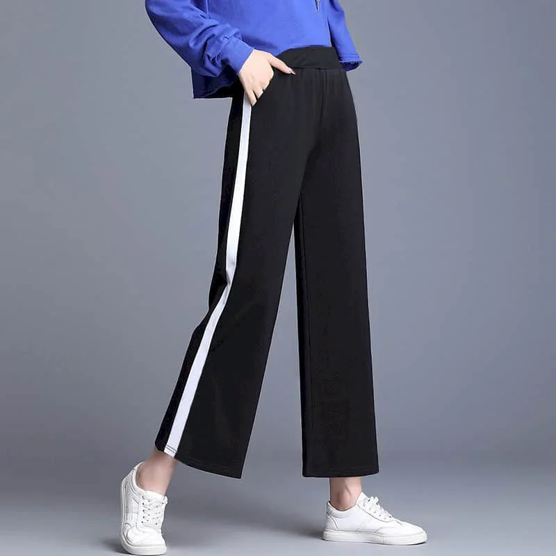 Black Pants for Women Loose Straight Pants Stripe Design Vintage Summer Thin Korean Style Elastic Waisted Cropped Trousers Women