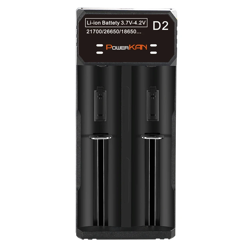 POWERKAN Li-ion D2 21700 Smart Battery Charger 3.7V for 26650 18500 18350 17500 16340 14500 Battery LED Display Type USB Charger