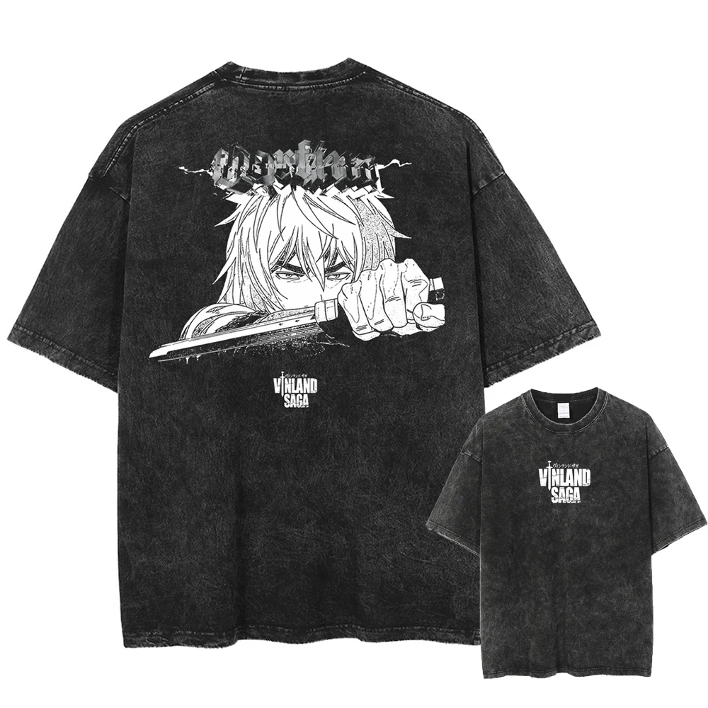 

Men Summer Washed Vintage Black T-Shirt Anime Graphic Print T Shirt Harajuku Fashion Streetwear Cotton Short Sleeve Tee