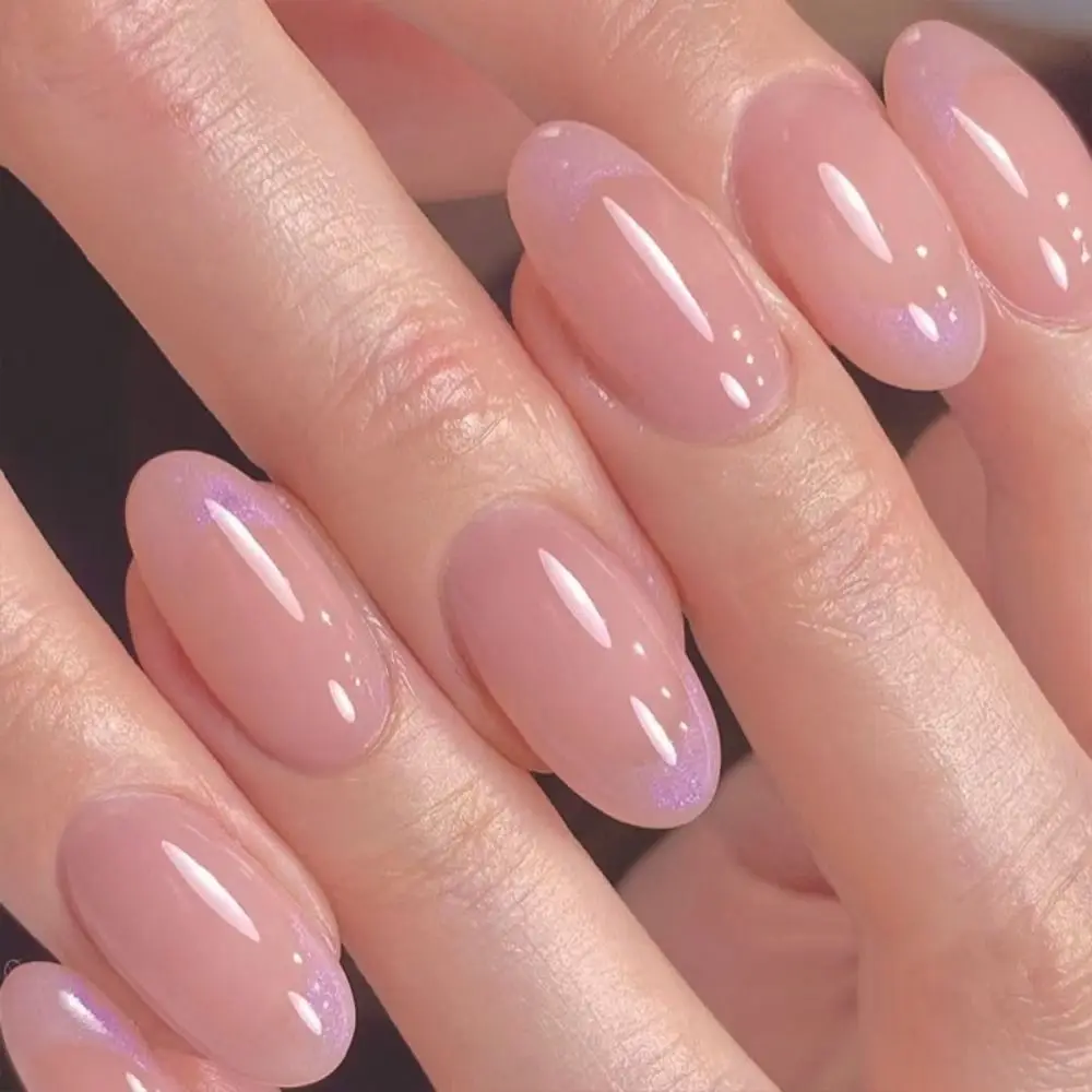 24 pçs manicure borda branca diy imprensa em unhas curto redondo gradiente rosa francês unhas falsas