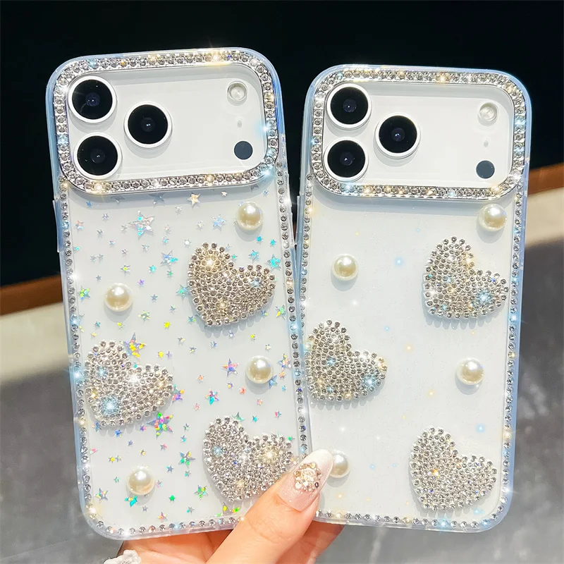 

Diamond frame Glitter Clear Phone Case For iphone 17Air 16Plus 15 14 13 pro max 16e 16promax 15pro pear lLove heart Cute pattern