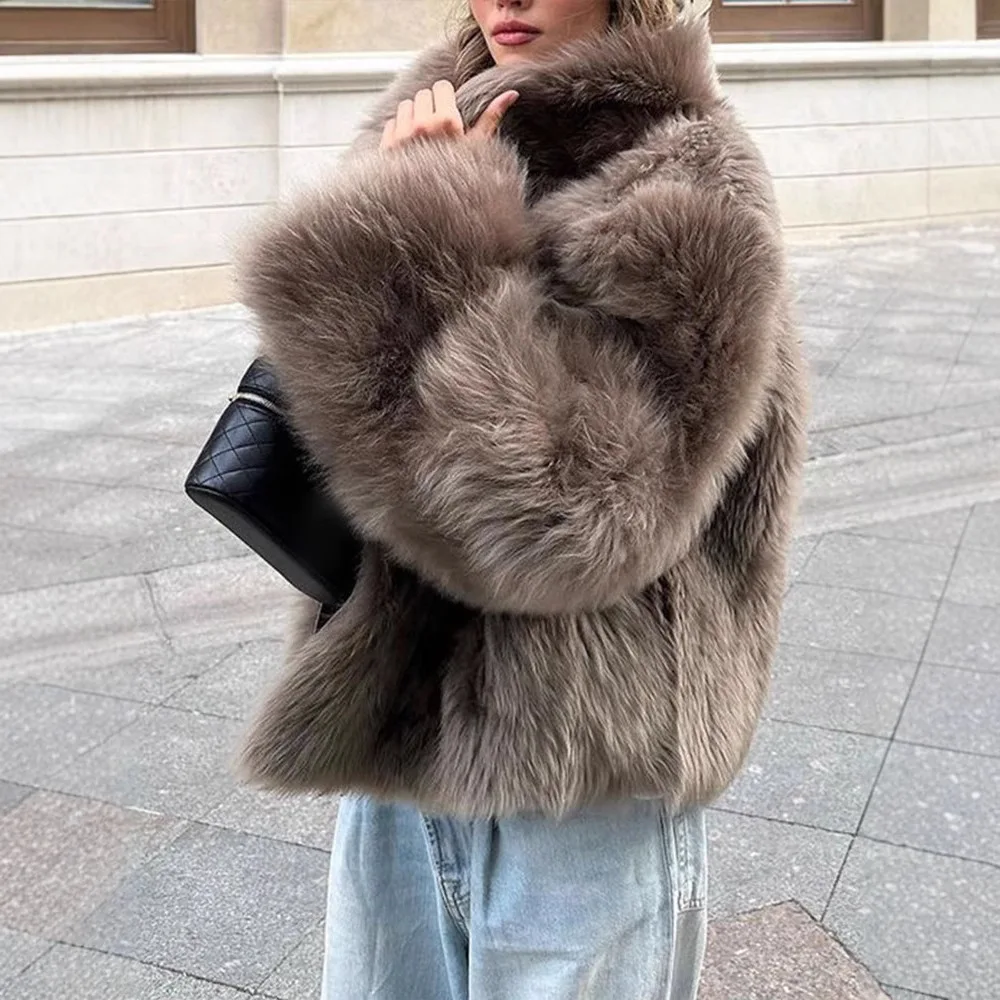 

KIDCRKJ Winter Eco Fur Coat Vinatge Coffee Brown Laple Thermal Thick Fur Jakcet For Lady Warm Highstreet Elegant Female Eco Coat
