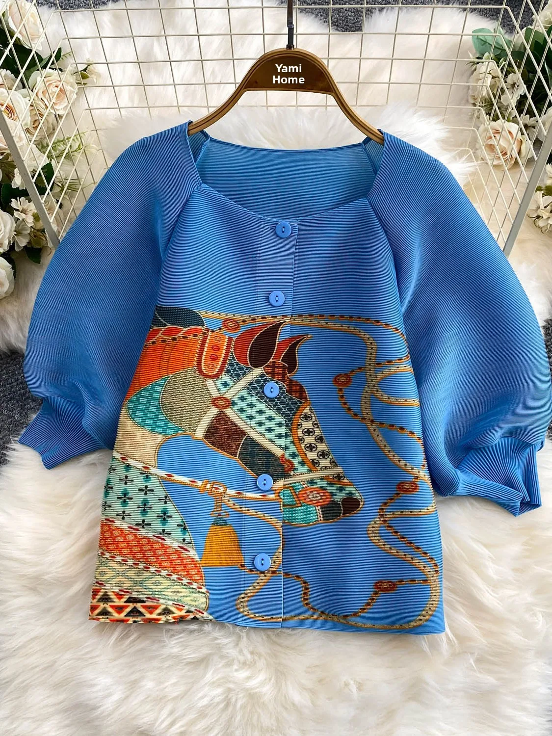 Retro Luxury Fashion Anti-Aging Print Square Collar Lantern Sleeve Jacket Women's New Elastic Pleated Top Commute Style Loose...