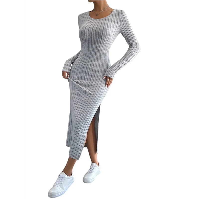 

FX-Женские осенние повседневные трикотажные платья в рубчик с длинными рукавами, облегающие элегантные макси-платья с круглым вырезом и боковым разрезом