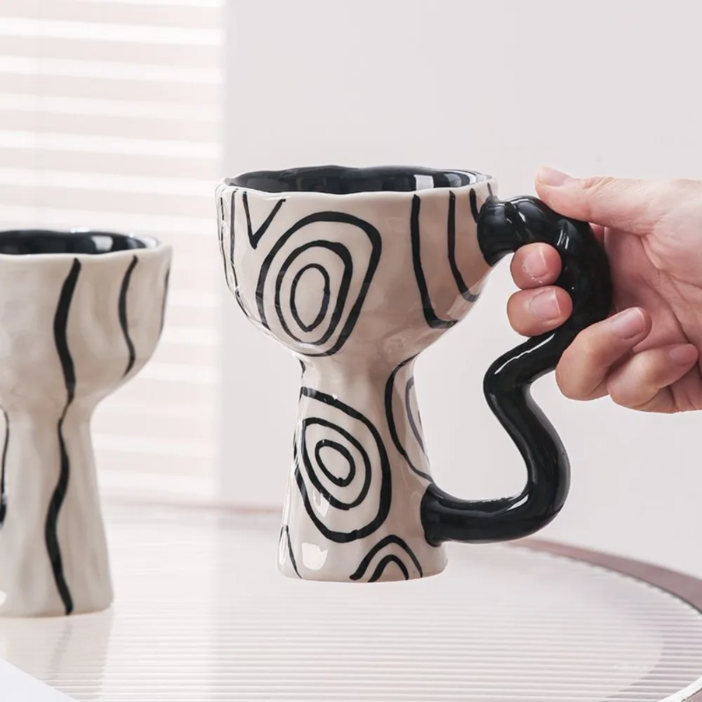 Vintage Striped Art Goblet Coffee Cup Ceramic High Value Handmade Mug Coffee Milk Water Mug Household Dessert Ice Cream Cup