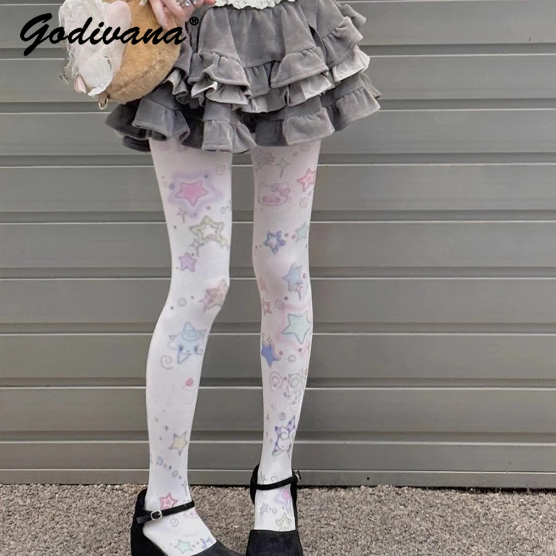 Original Japanese Style Women's Cute Print Tights Sweet Girls Star Cartoon Printed Versatile Lolita Legging Y2k Pantyhose