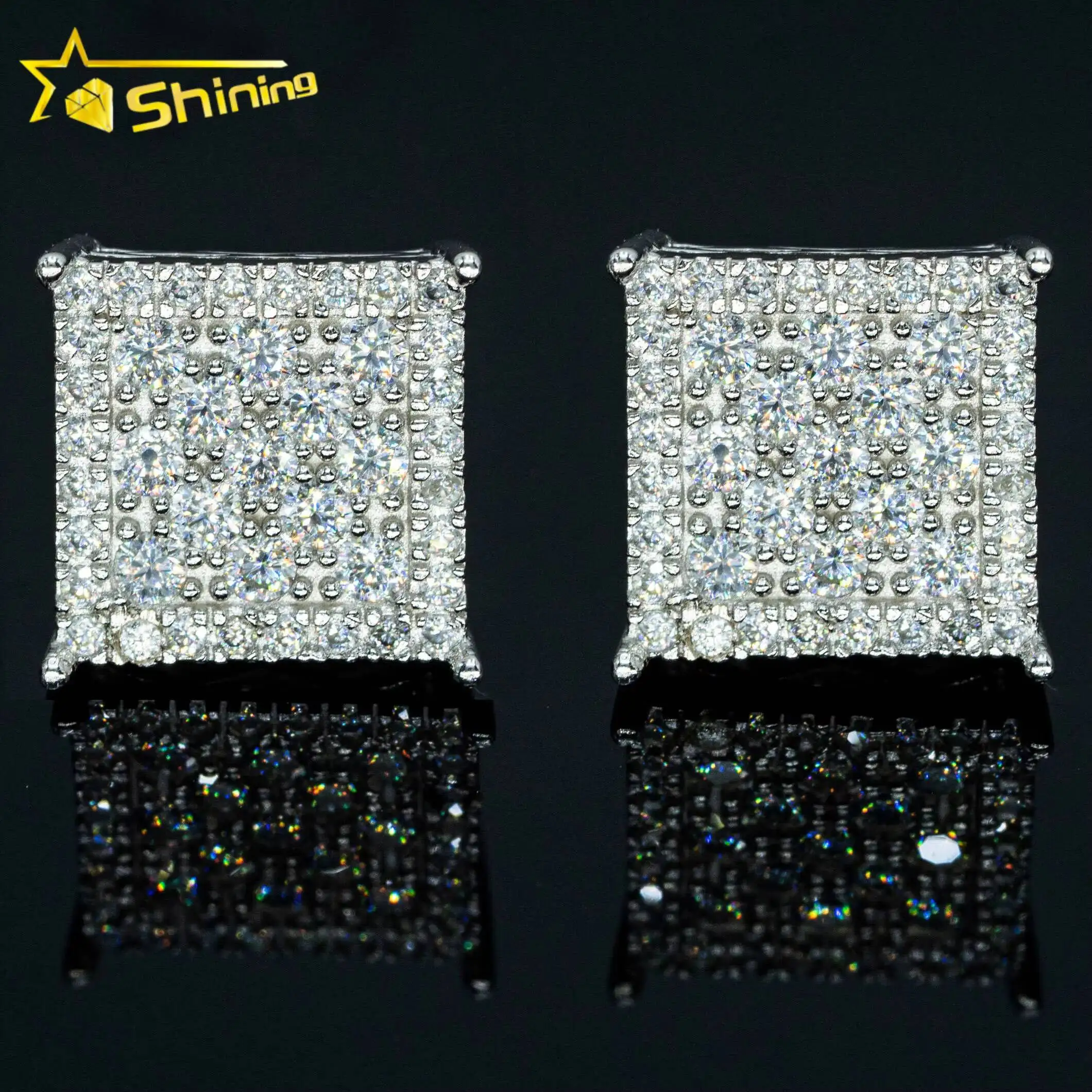 Drop Shipping Square Shape Moissanite Diamond Earrings Fashion Hip Hop Jewelry 925 Sterling Silver Stud Earrings Screw Back