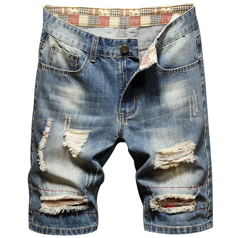 Summer Men\'s Perforated Denim Shorts Loose Straight Capris Casual Versatile Middle Pants