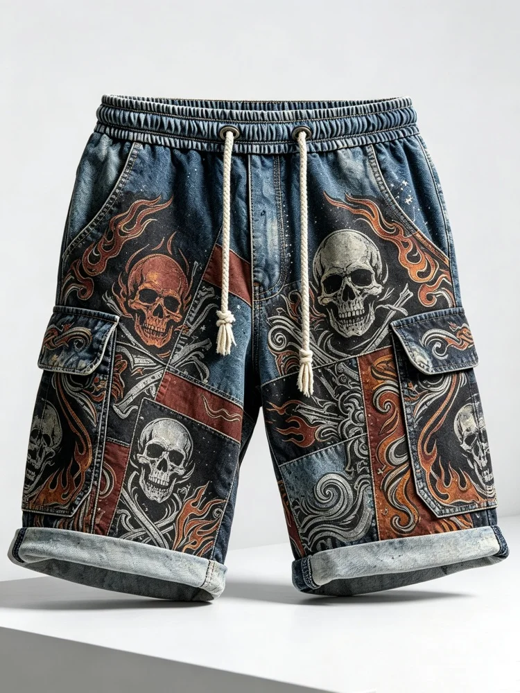 Mens Retro Skull Flame Pattern Cargo Shorts Washed Faux Denim Drawstring Multi Pocket Street Casual Shorts