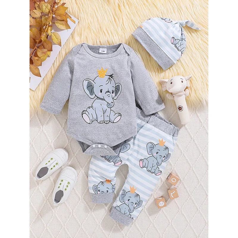 EWODOS Baby 3Pcs Fall Outfits Long Sleeve Elephant Print Romper + Pants + Hat Set Infant Baby Autumn Clothes for Children Pajama