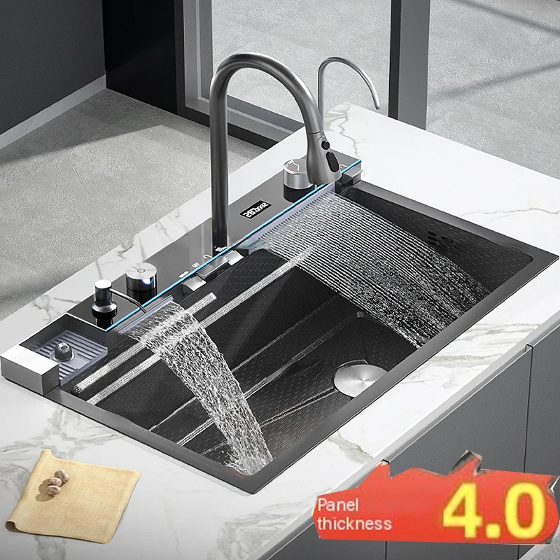 Waterfall Sink Kitchen Stainless Steel Topmount Sink Large Single Slot Wash Basin With Multifunction Touch Waterfall Faucet