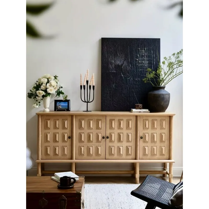 dining side cabinet, French retro log style living room storage cabinet, household entrance solid wood side cabinet